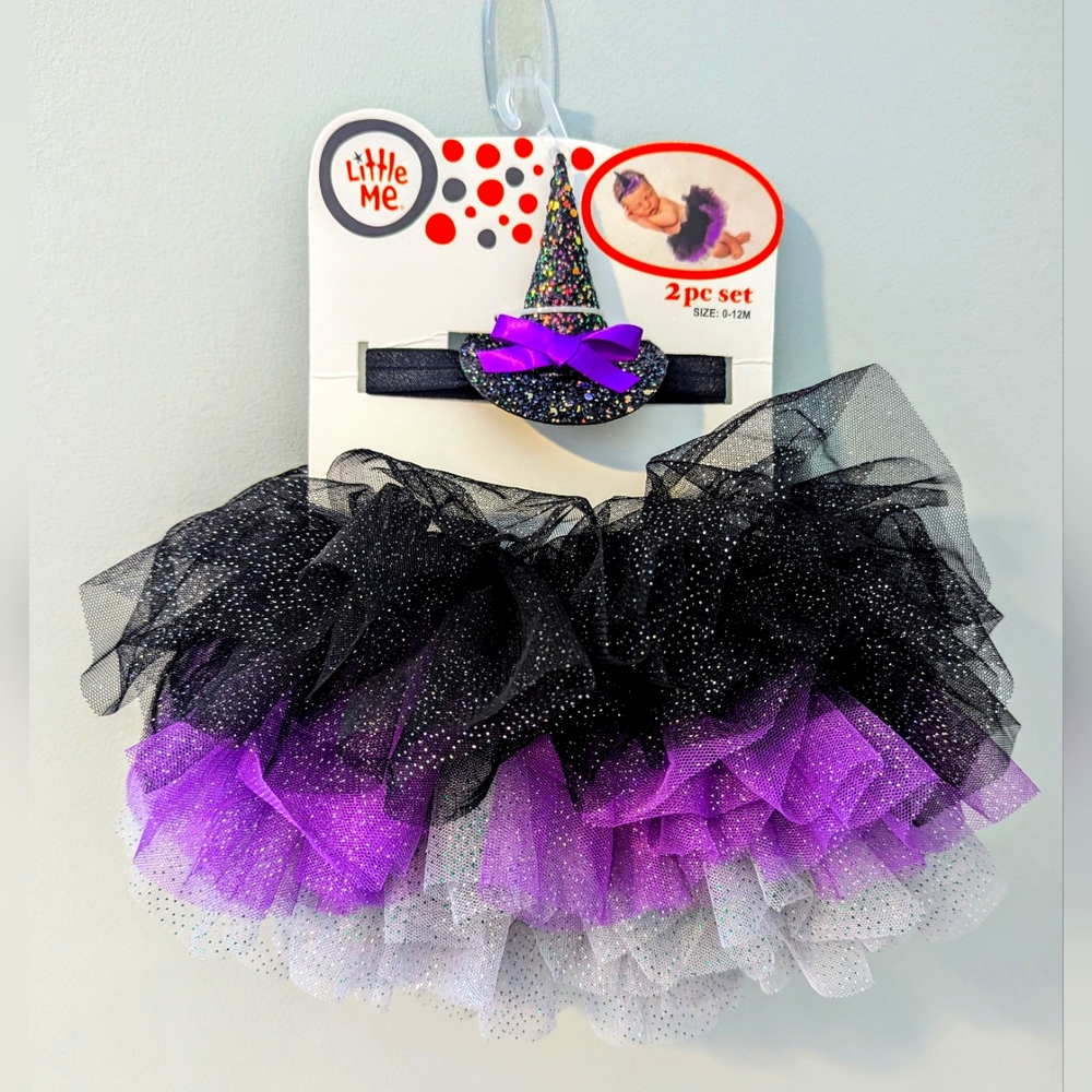Little Me Black and Purple Glitter Tutu with Witch Hat Headband